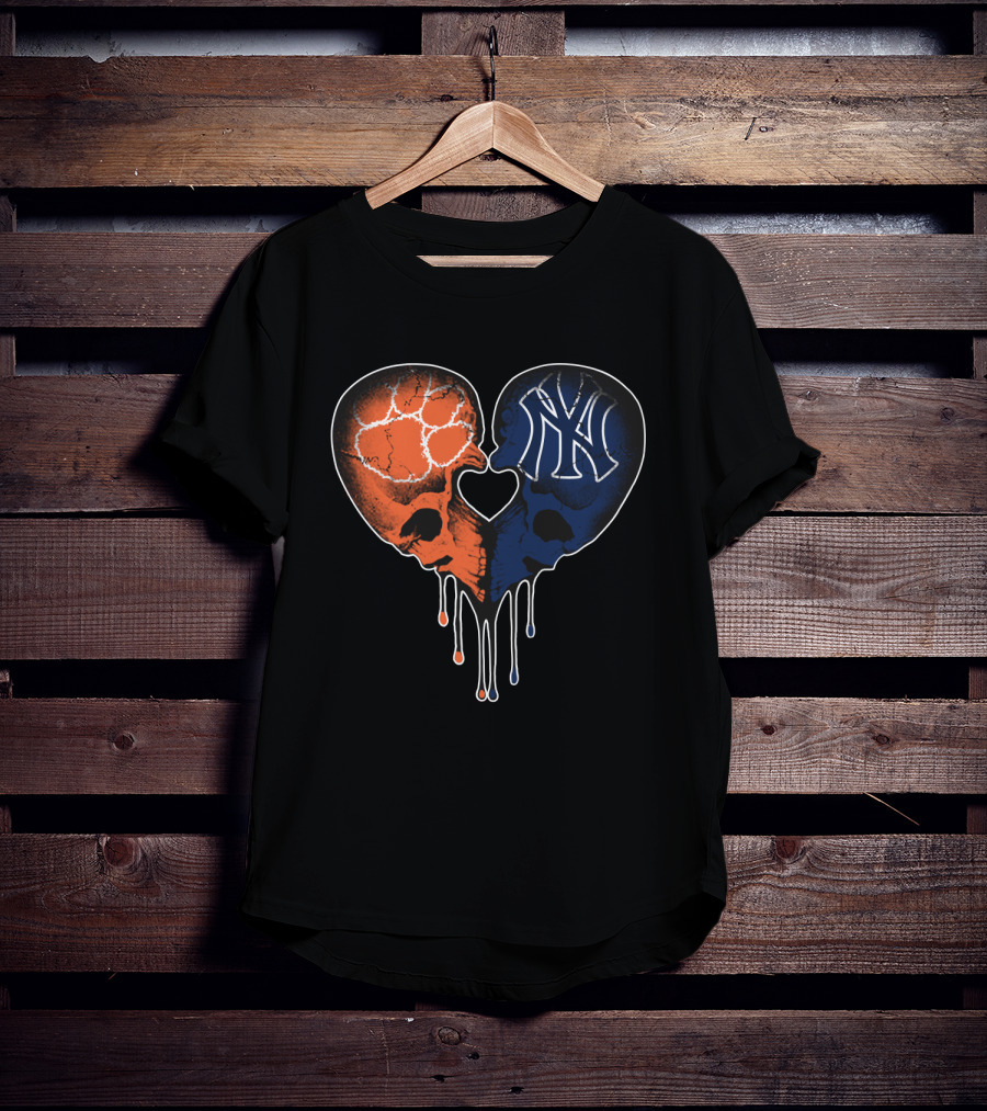 Clemson Tigers Skull And Yankees Skull Heart Love T-Shirt