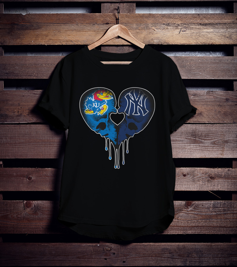 Kansas Jayhawks Yankees Dripping Skull Heart Love T-Shirt