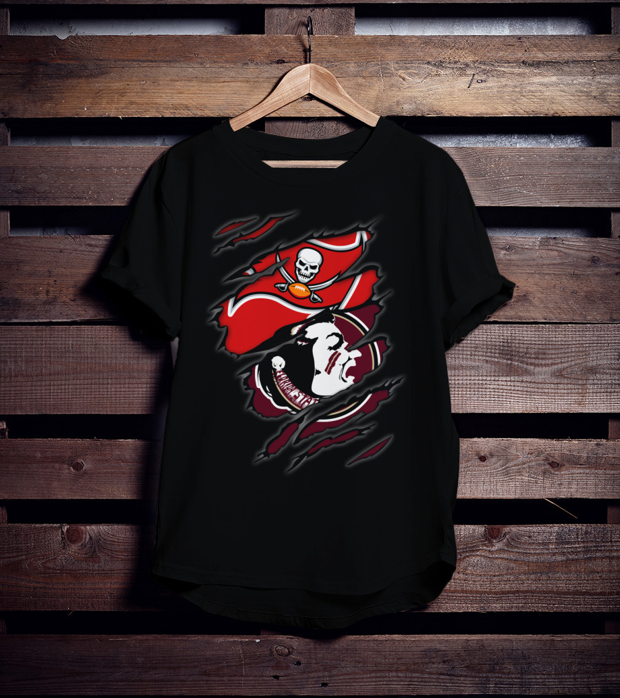 Buccaneers Seminoles Torn Logos Featuring Skull Pirate And Warrior Head T-Shirt