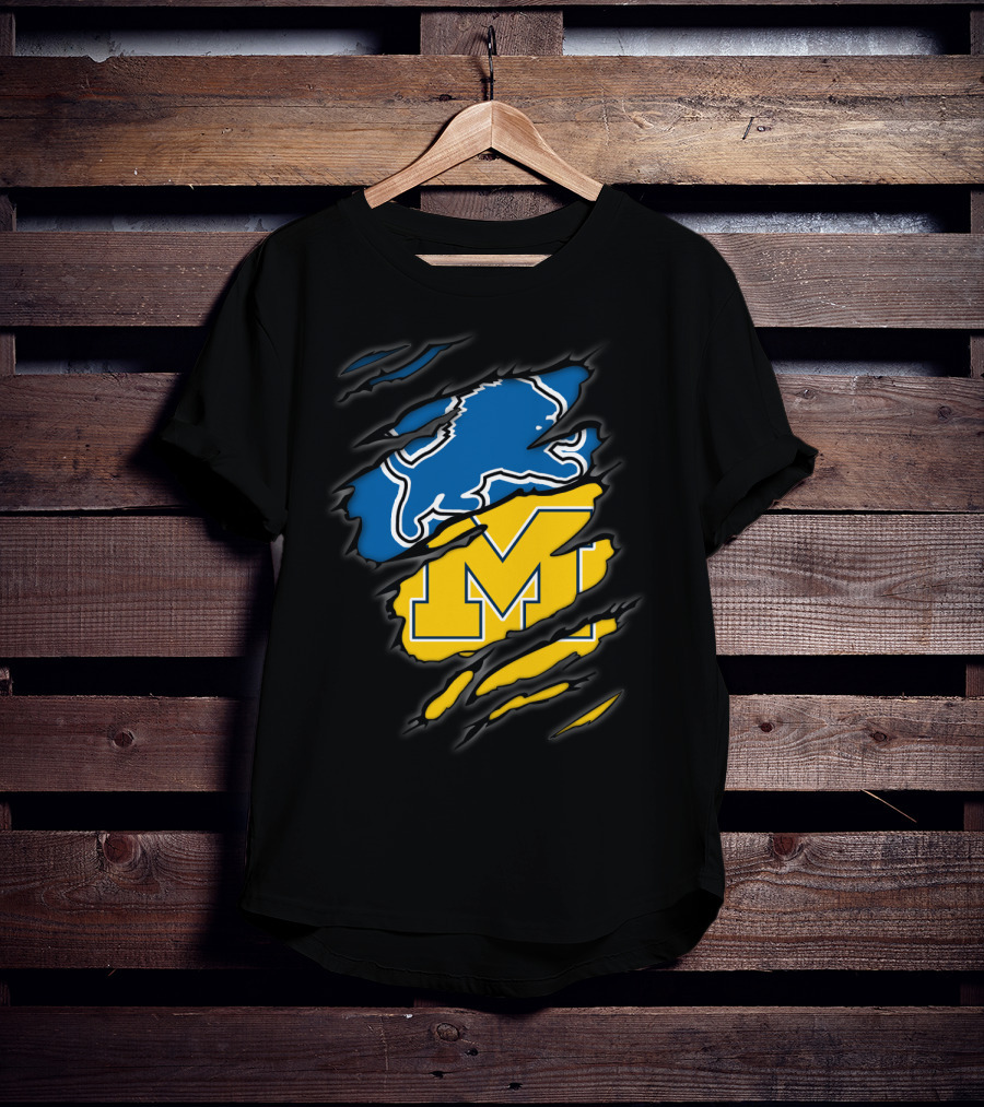 Detroit Lions Michigan Wolverines Football Fan Logo Crossover T-Shirt