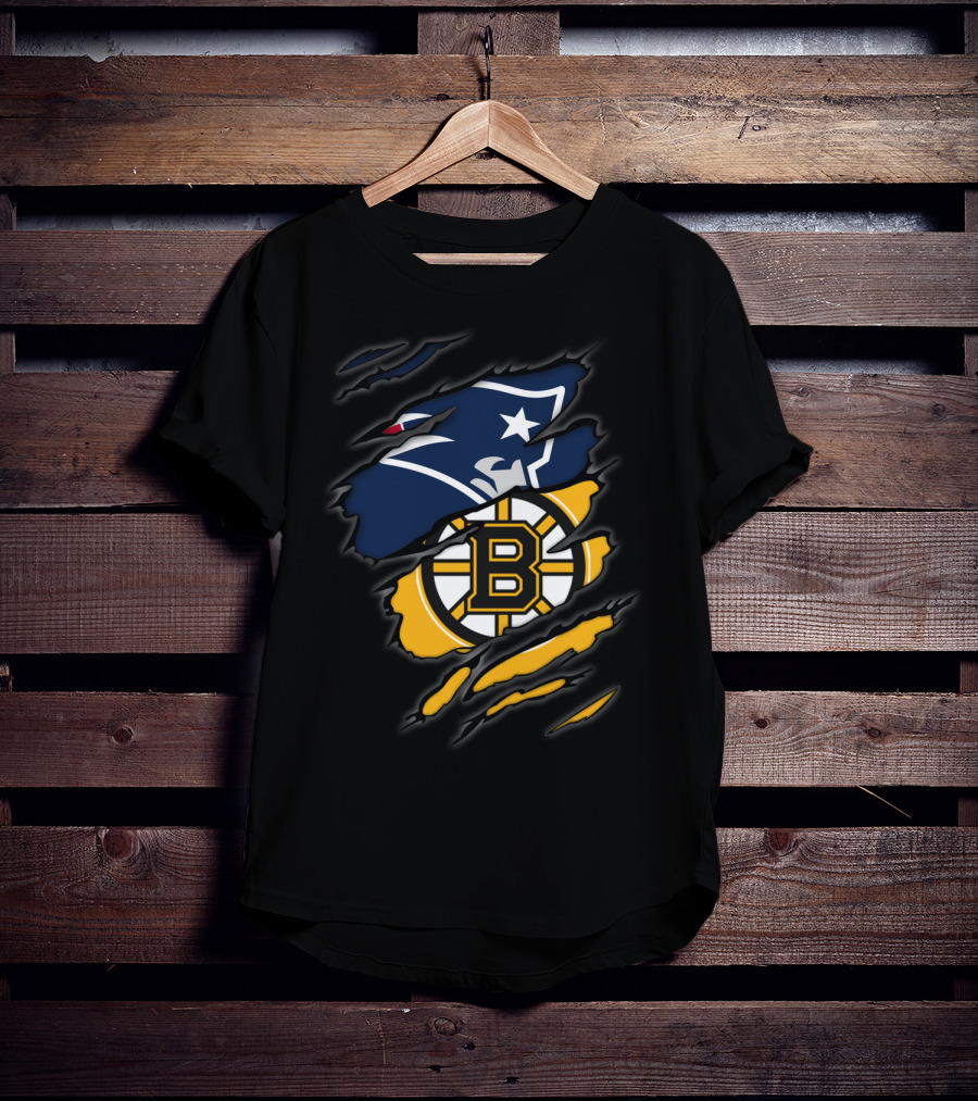 Patriots Bruins Torn Team Fusion New England Boston Sports Logos T-Shirt