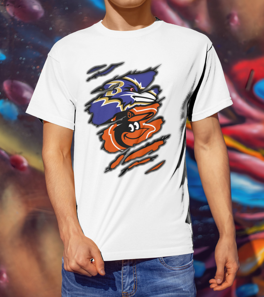 Baltimore Ravens Orioles Logos Ripped T-Shirt