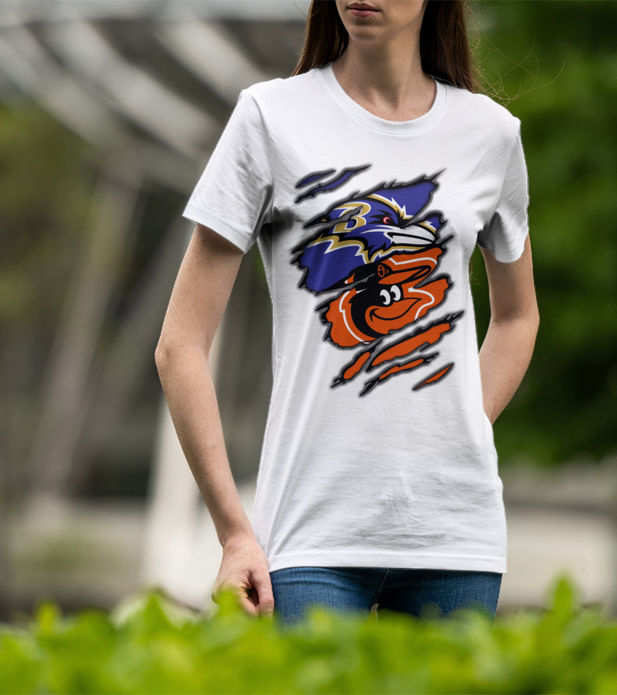 Baltimore Ravens Orioles Logos Ripped T-Shirt