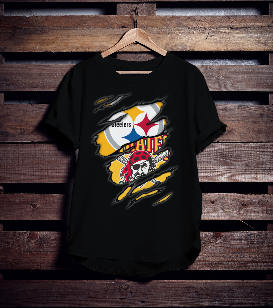 Steelers Pirates Logo Mashup Ripped Effect T-Shirt