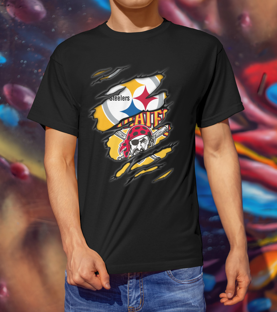 Steelers Pirates Logo Mashup Ripped Effect T-Shirt