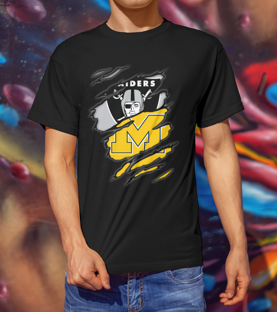 Raiders Oakland Helmet With Michigan Block M Fusion T-Shirt