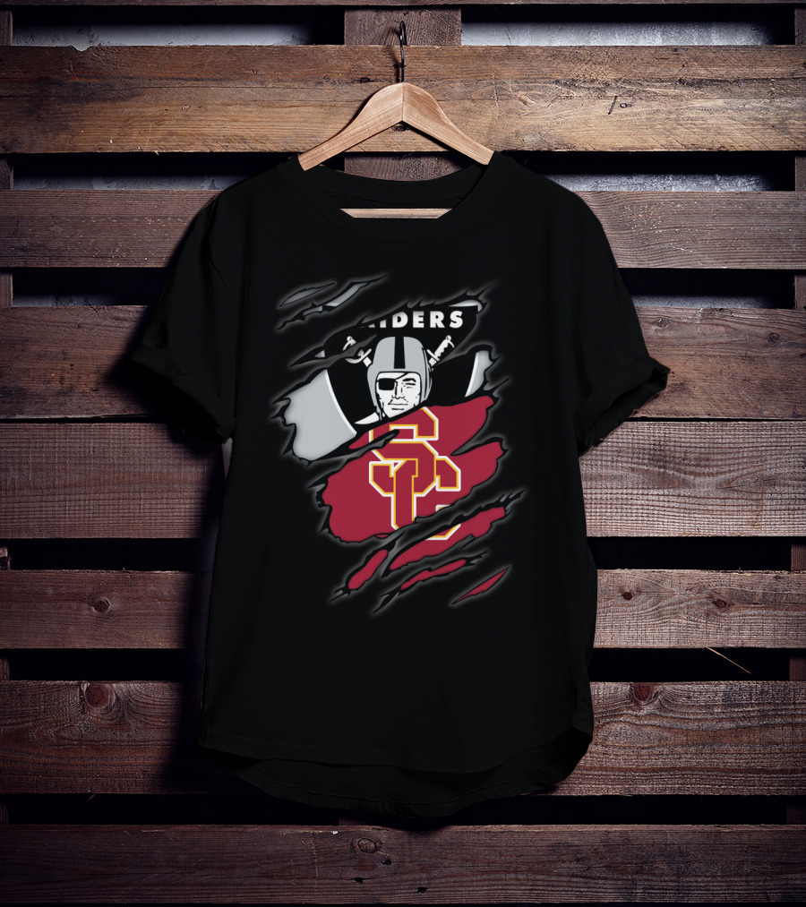 Raiders Trojans USC Los Angeles Football Torn Effect Logo Mix T-Shirt