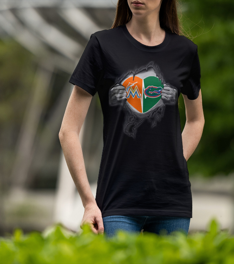 Marlins Gators Heart Split Logo Combo T-Shirt