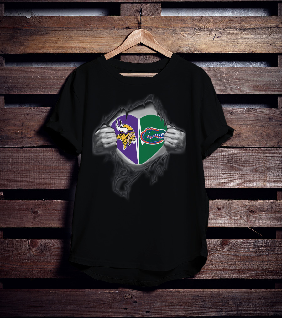 Vikings Gators Heart Split Logo Inside Ripped Chest T-Shirt