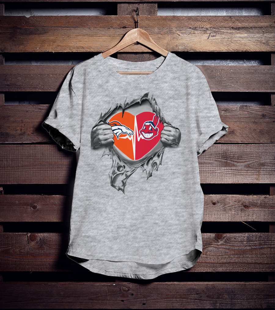 Broncos Indians Heart Symbol With Torn Chest Effect T-Shirt