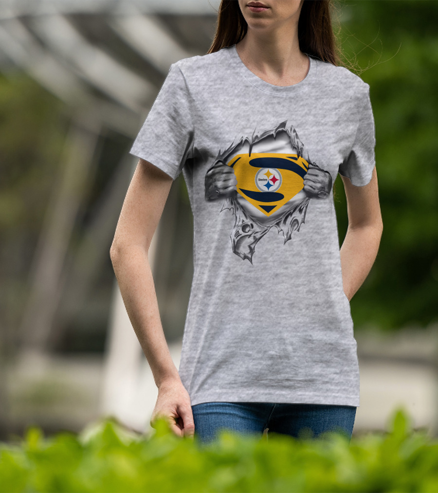 Steelers Super Man Logo With Ripped Metal Effect T-Shirt