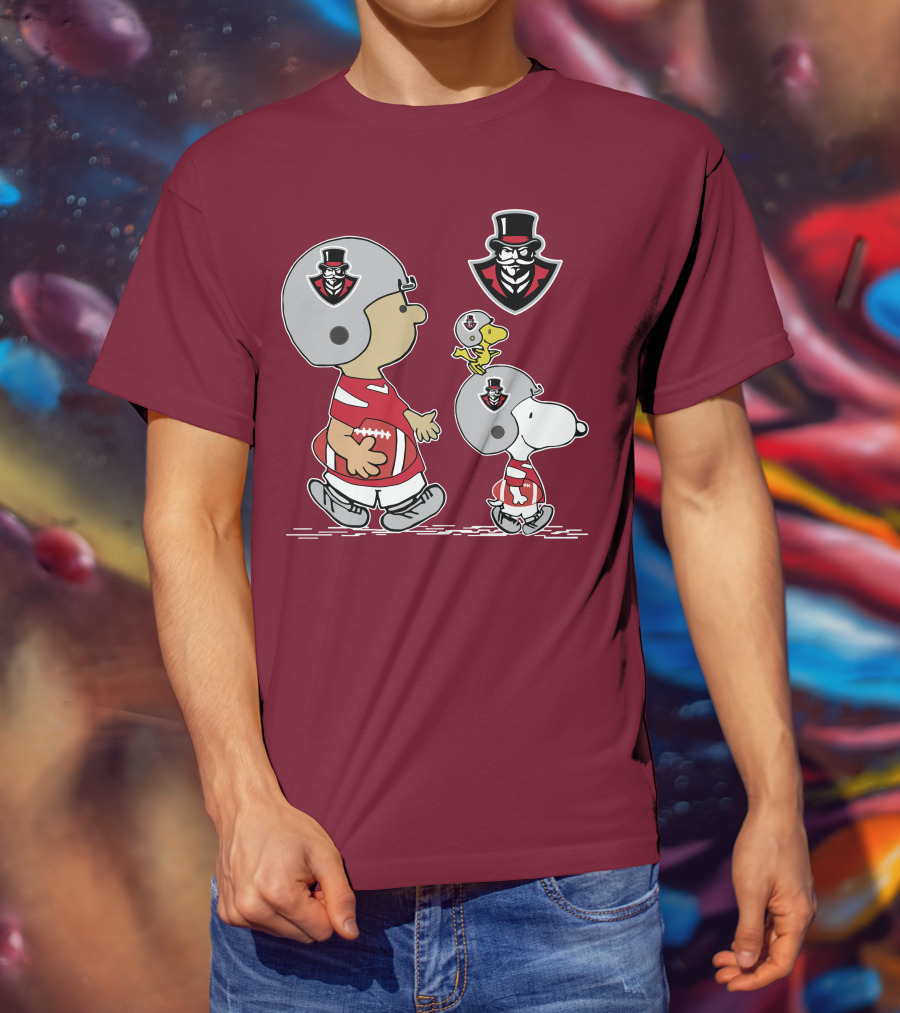 Austin Peay Governor Mascot With Snoopy And Woodstock Football Helmets T-Shirt