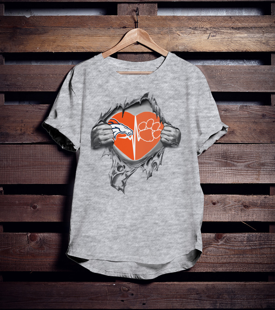 Broncos Clemson Tigers Heart Design Dual Logo With Rip Effect T-Shirt