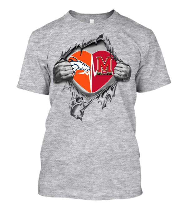 Broncos Maryland Heart Emblem With Broncos And Maryland M T-Shirt