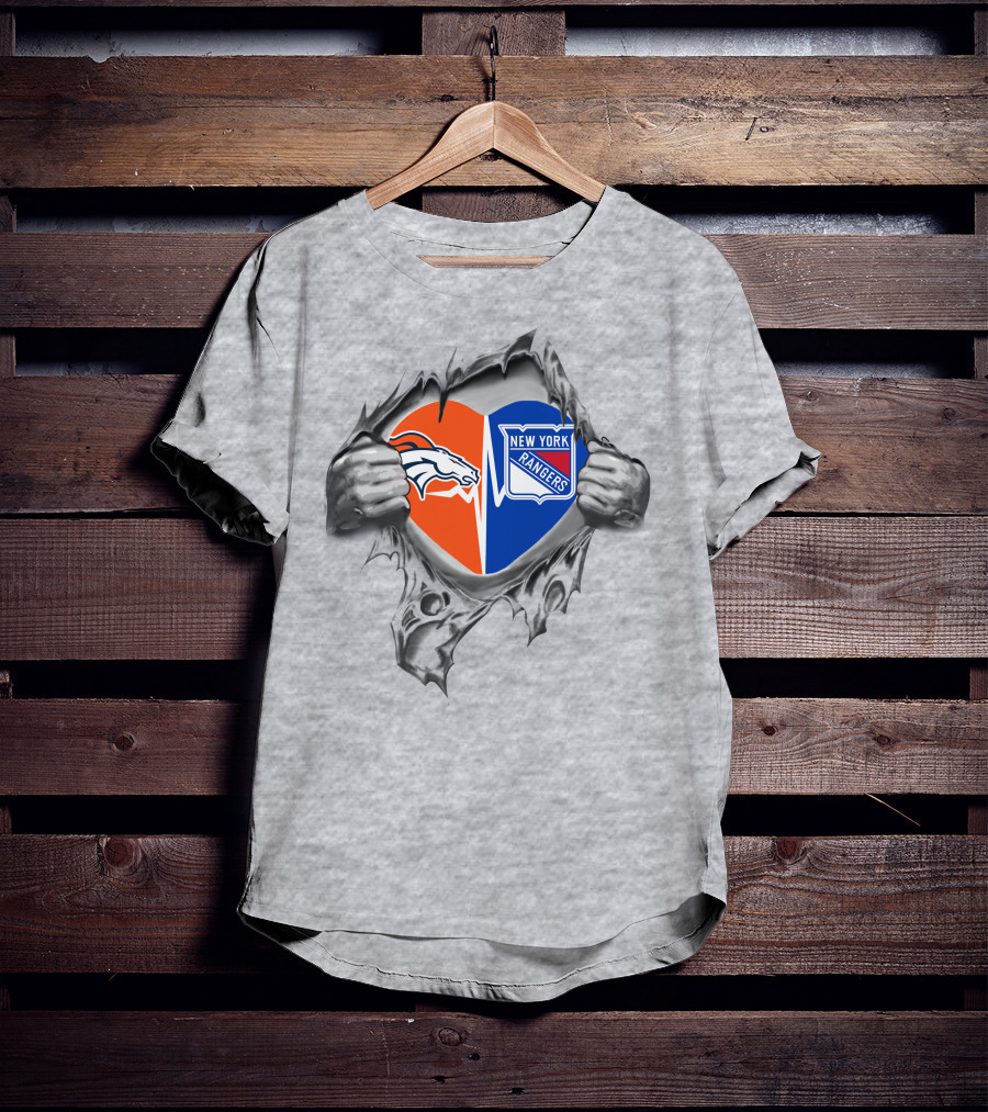 Broncos New York Rangers Heart Torn Dual Loyalty Fan Passion T-Shirt