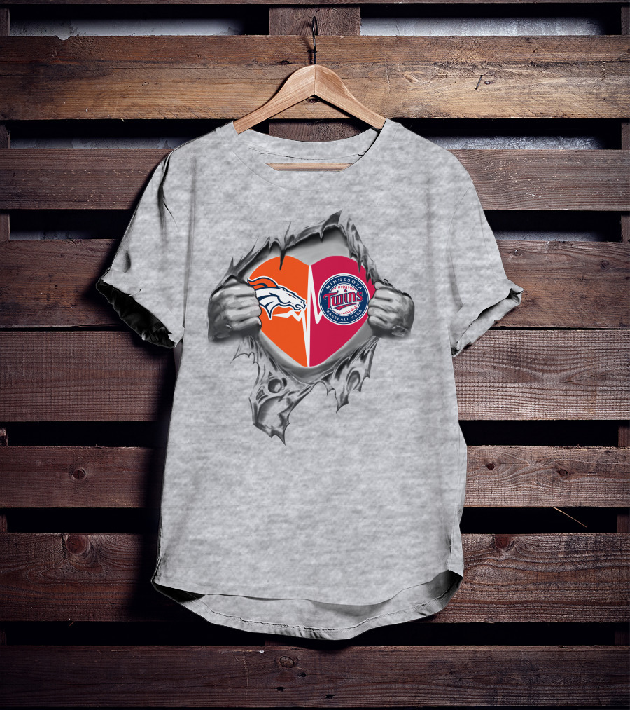 Broncos Twins Heart Emblem Broncos Logo Twins Baseball Football Passion T-Shirt