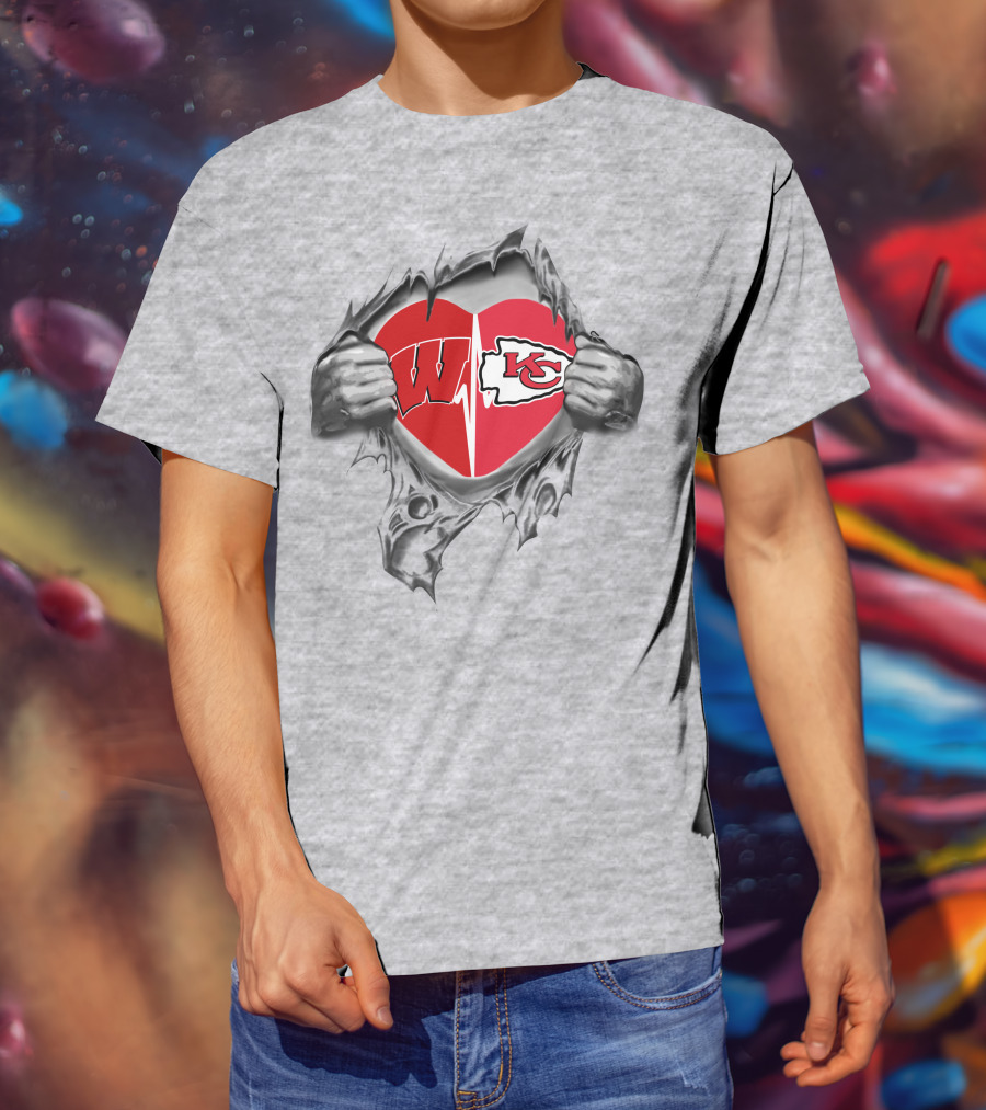 Chiefs Badgers Heart Torn Revealing Wisconsin Kansas City T-Shirt
