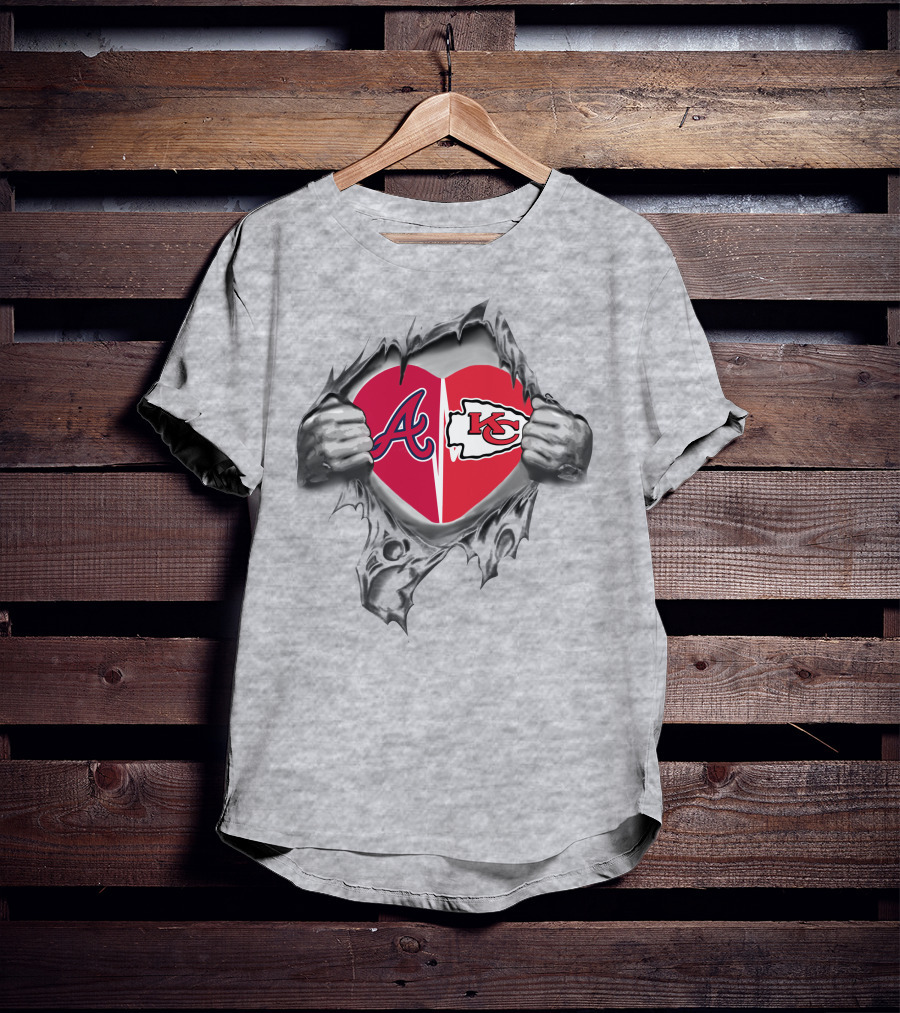 Chiefs Braves Heart Logos Torn Fabric T-Shirt