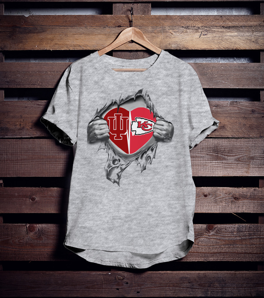 Indiana University Hoosiers And Kansas City Chiefs Heart Logo With Indiana And Kc T-Shirt