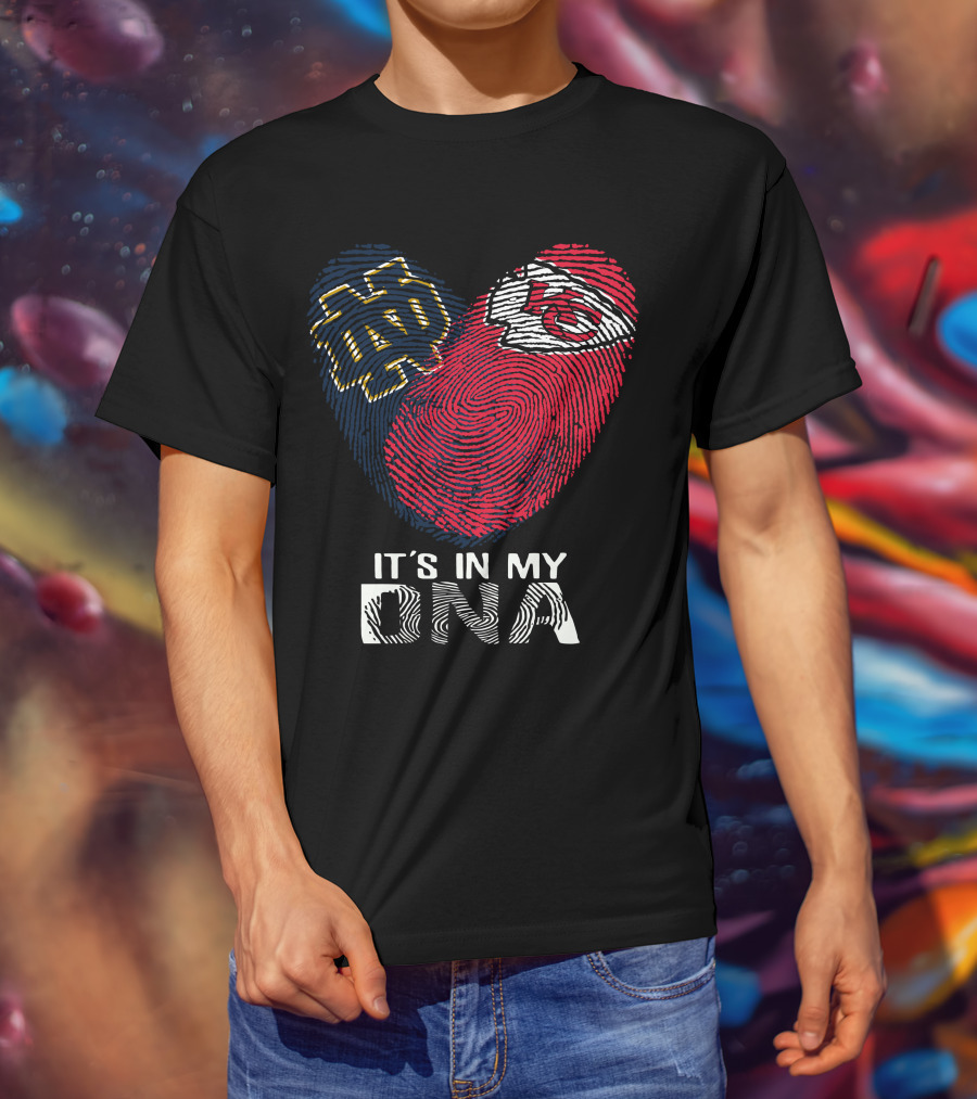 Notre Dame And Kansas City Chiefs Fingerprint Heart It's In My DNA T-Shirt
