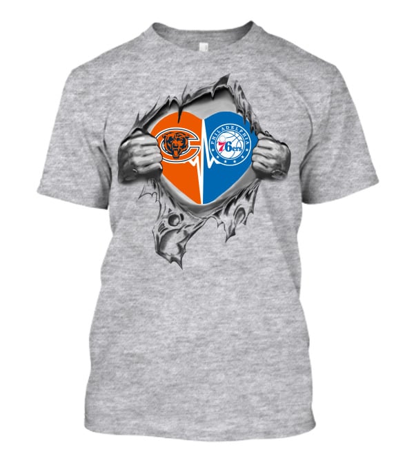 Chicago Bears And Philadelphia 76ers Heart With Tearing Hands T-Shirt