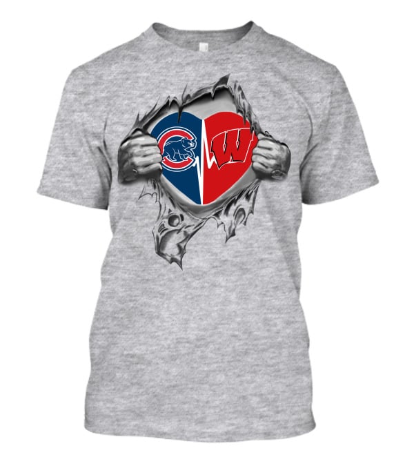 Cubs Badgers Heart Design With Logos Inside Torn Fabric T-Shirt
