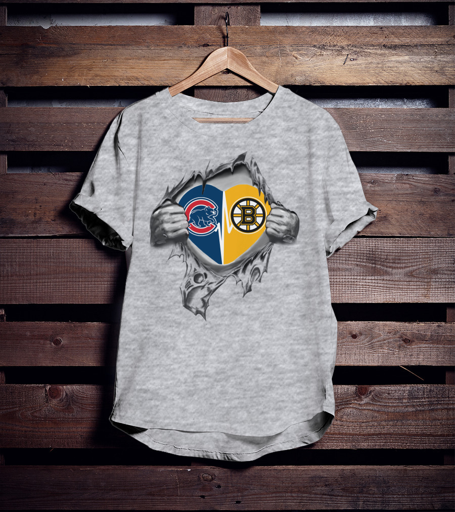Cubs Bruins Heartbeat Split Torn Fabric Hands T-Shirt