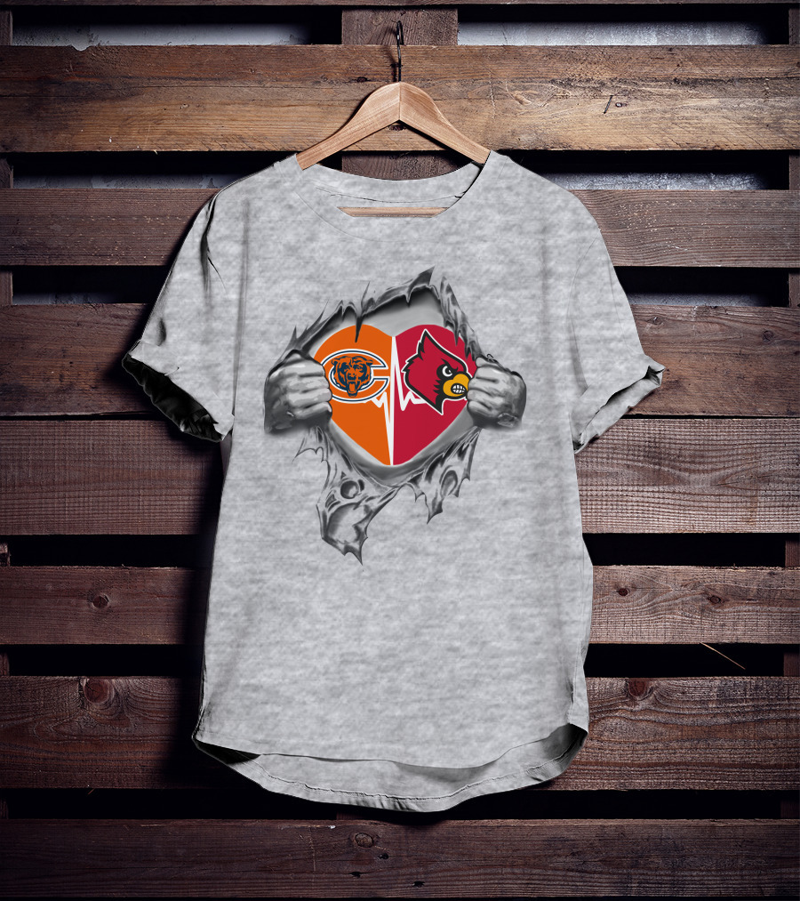 Bears Louisville Cardinals Heart Emblem Pullover Chicago Football And Louisville Logo Tear T-Shirt
