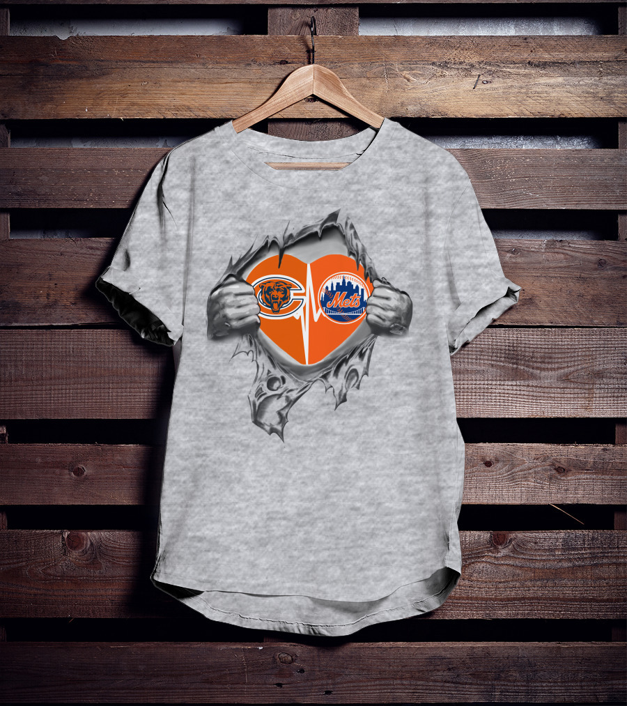 Bears Mets Heart With Logos Torn Background T-Shirt