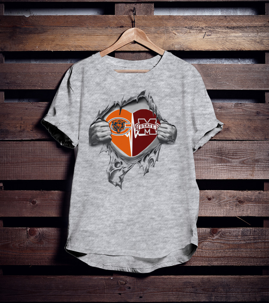 Chicago Bears Mississippi State Heart Split Football Fan Allegiance T-Shirt