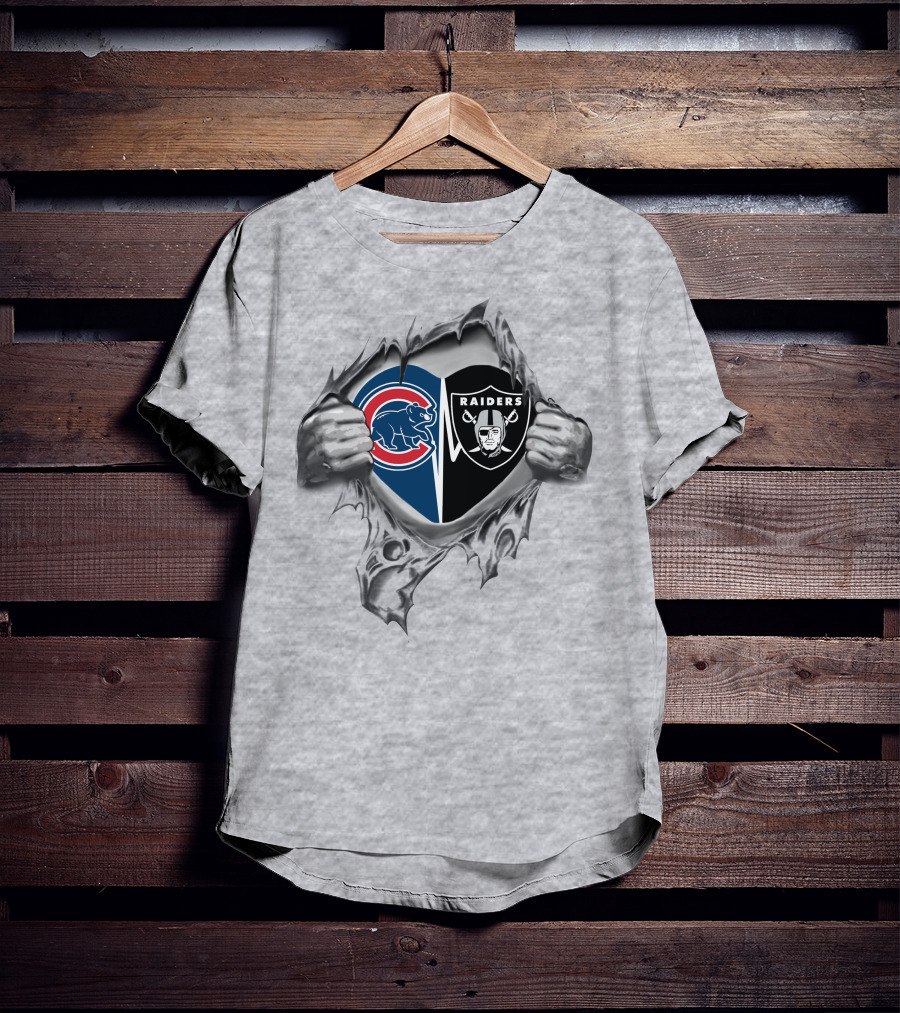 Cubs Raiders Heart Torn Reveal Hands Dual Team Loyalty T-Shirt