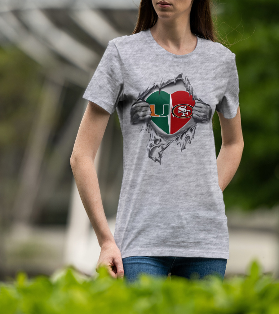 University Of Miami Hurricanes And San Francisco 49ers Split Heart T-Shirt