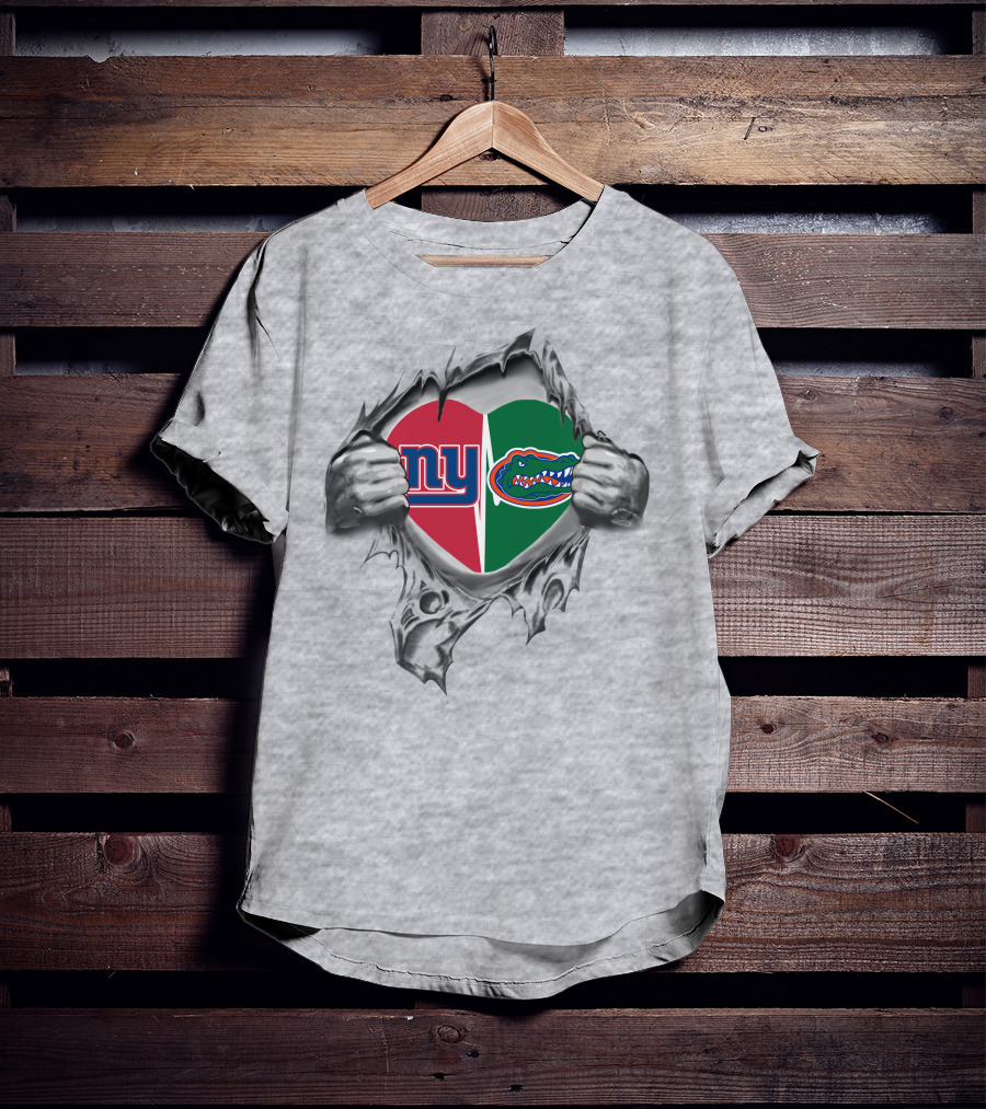 NY Giants And Florida Gators Heart Torn Open T-Shirt