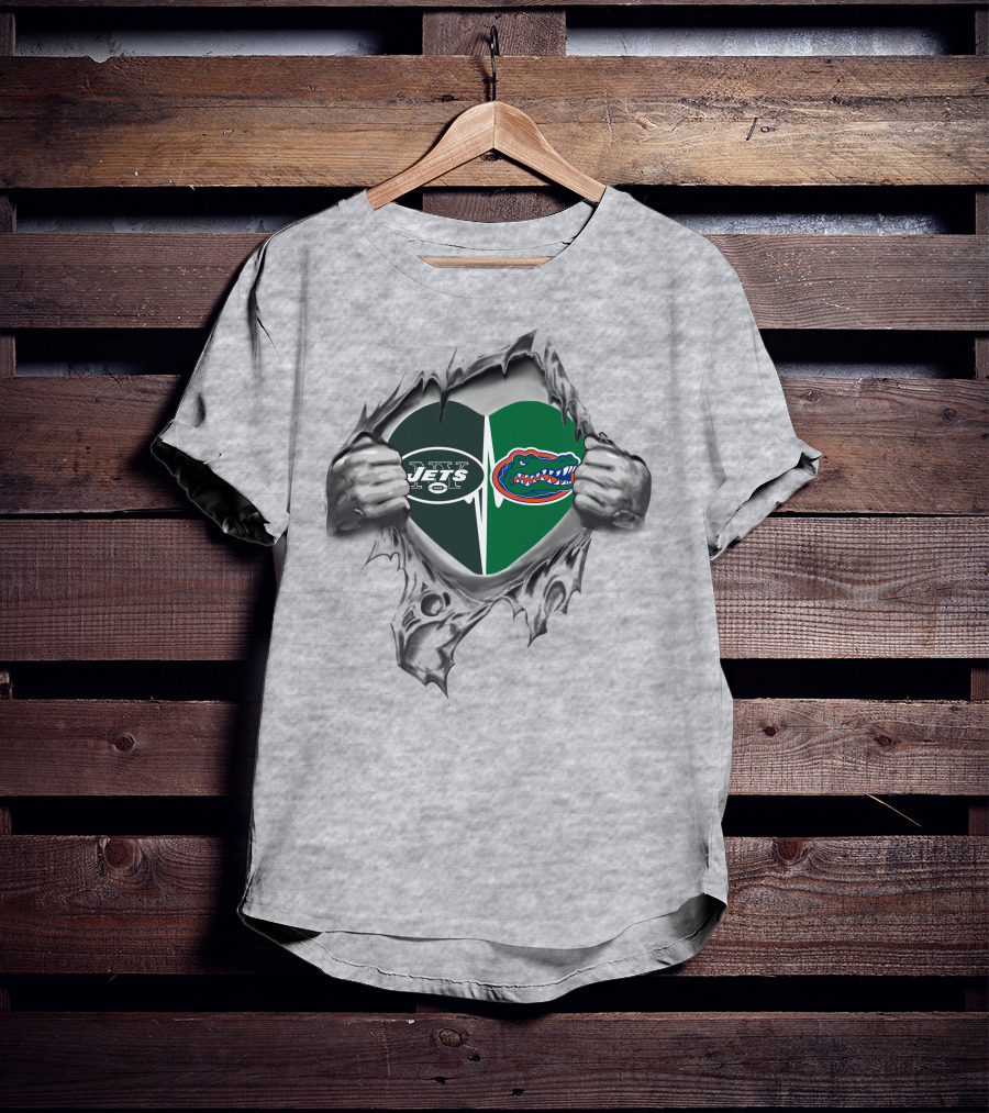 Jets Gators Heart Rip Logo NFL New York Florida Combo T-Shirt
