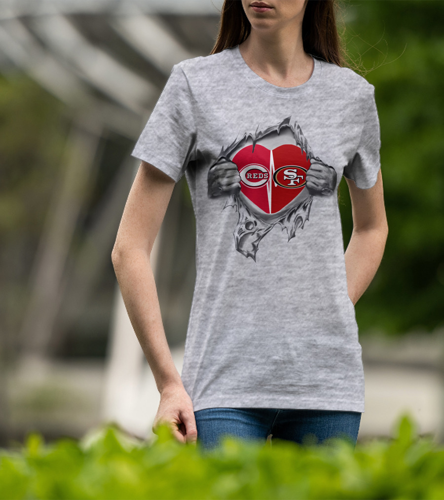 San Francisco 49ers And Cincinnati Reds Heart Tear T-Shirt