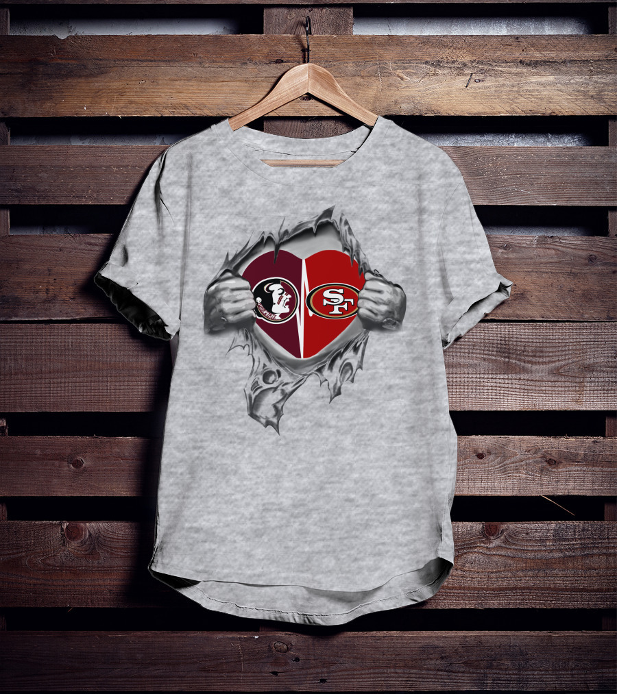 49ers Sf Seminoles Heart Logo Peeking Through Torn Fabric T-Shirt
