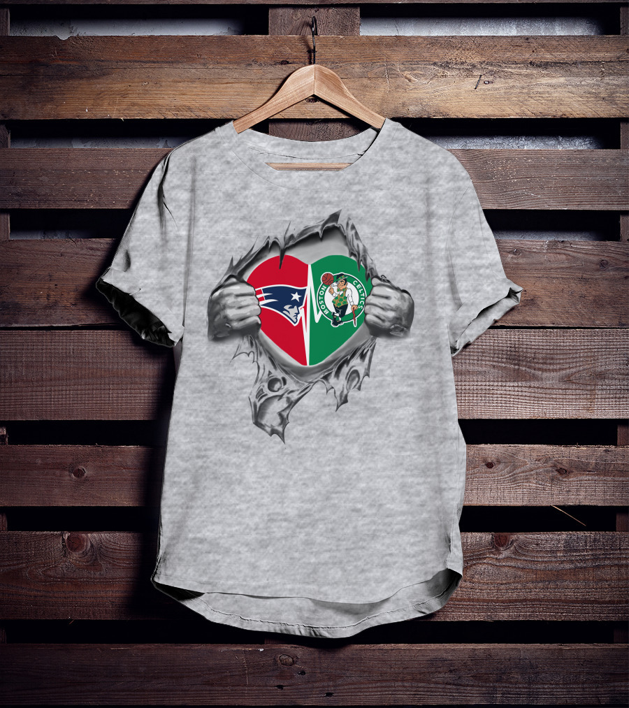 Patriots And Celtics Heart Symbol Pulled Open By Hands T-Shirt