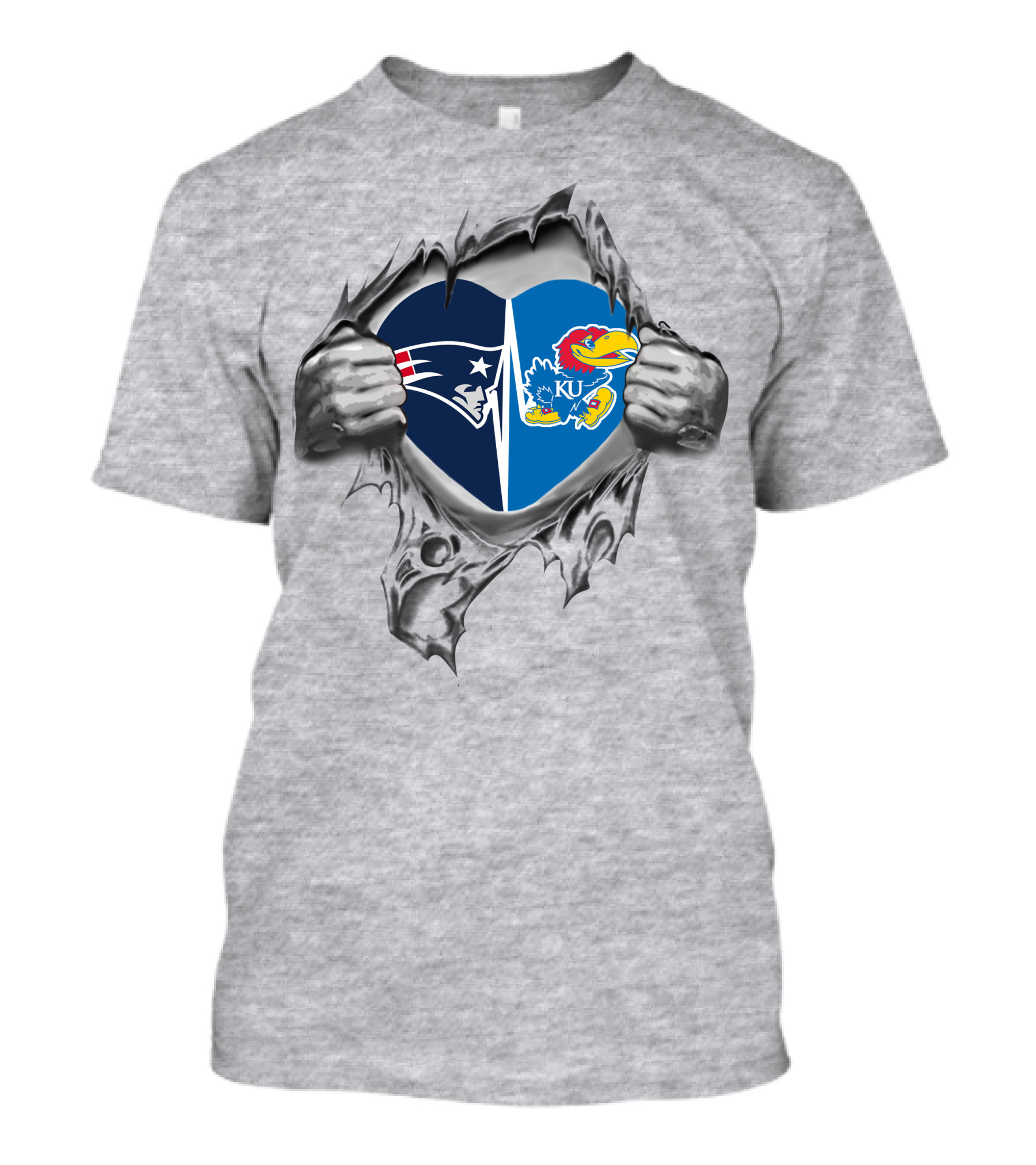 Patriots Kansas Jayhawks Heart Symbol Silver Torn Fabric T-Shirt