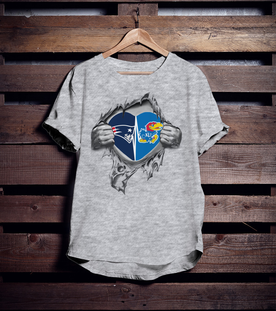 Patriots Kansas Jayhawks Heart Symbol Silver Torn Fabric T-Shirt
