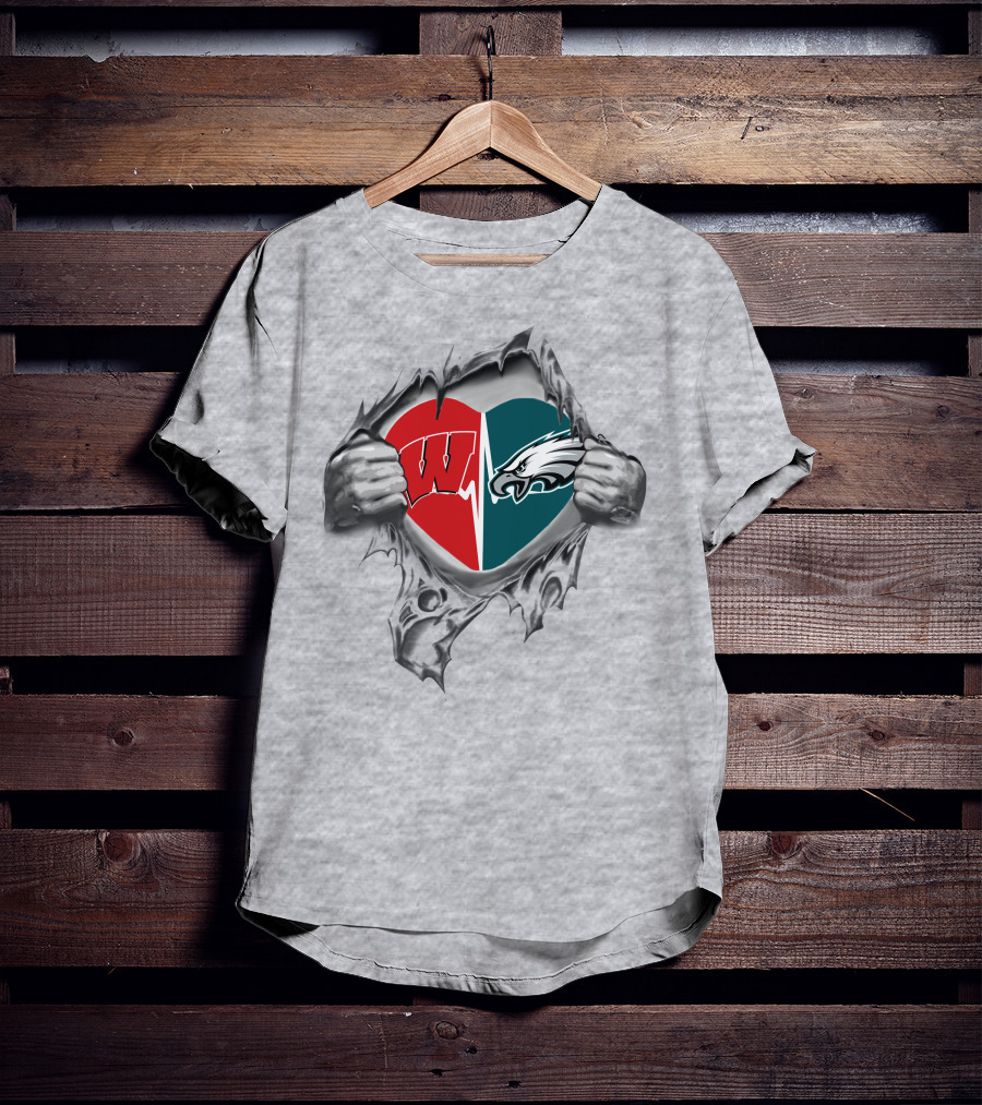 Eagles Badgers Heart Design Featuring Wisconsin And Philadelphia T-Shirt