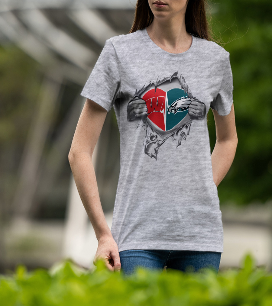 Eagles Badgers Heart Design Featuring Wisconsin And Philadelphia T-Shirt