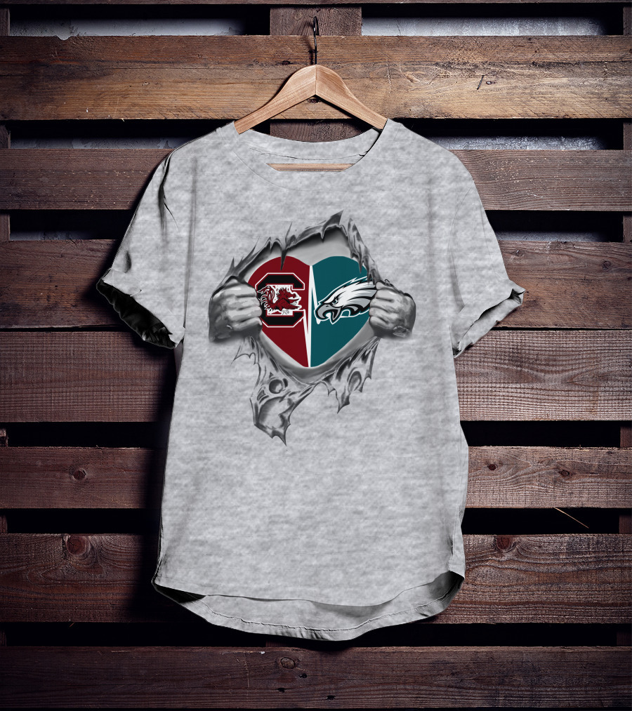 Eagles Gamecocks Heart Logo With Split Design And Hand Rip Effect T-Shirt