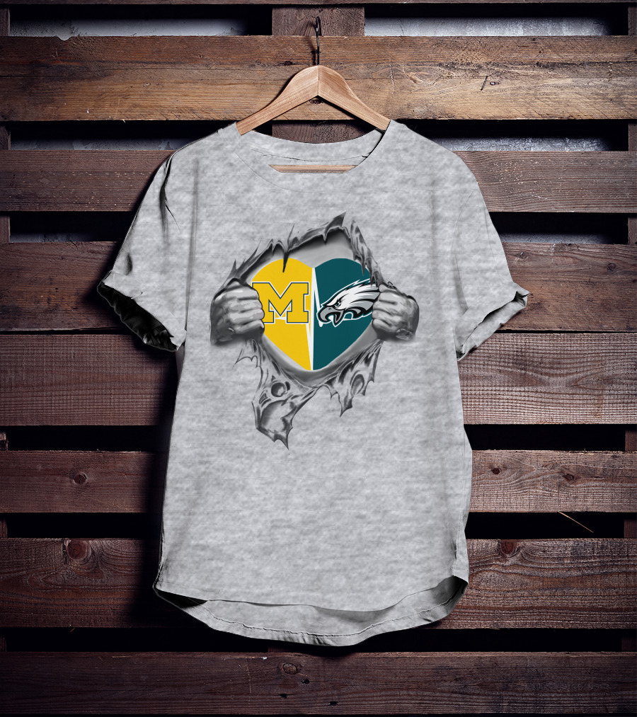 Michigan And Philadelphia Eagles Heart Unity T-Shirt