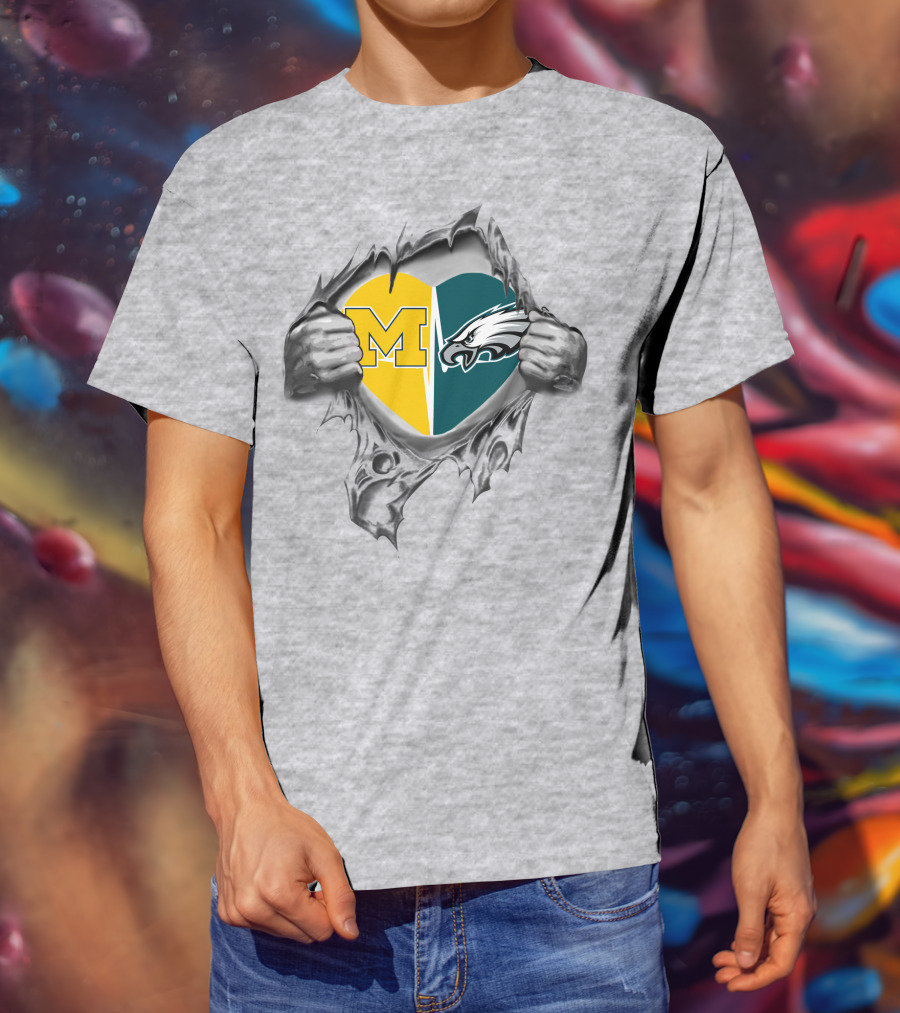 Michigan And Philadelphia Eagles Heart Unity T-Shirt