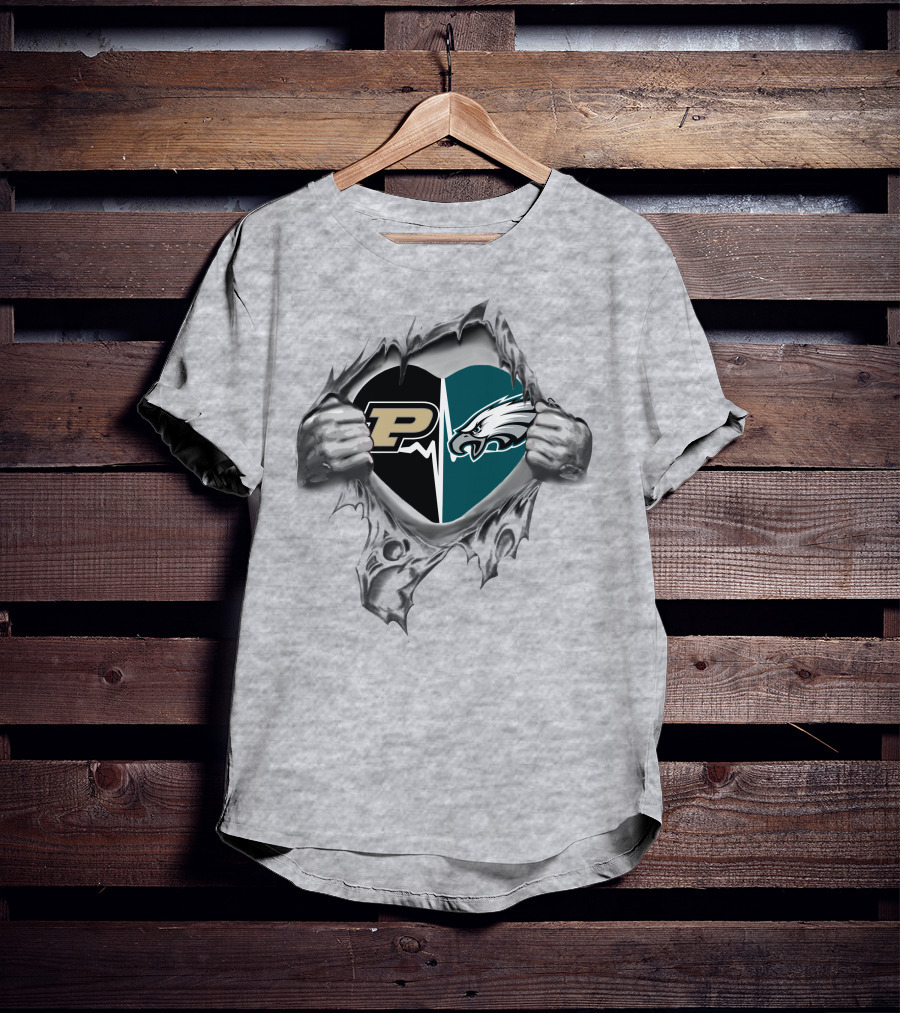 Purdue Eagles Heartbeat Peeking Through Silver Hands T-Shirt