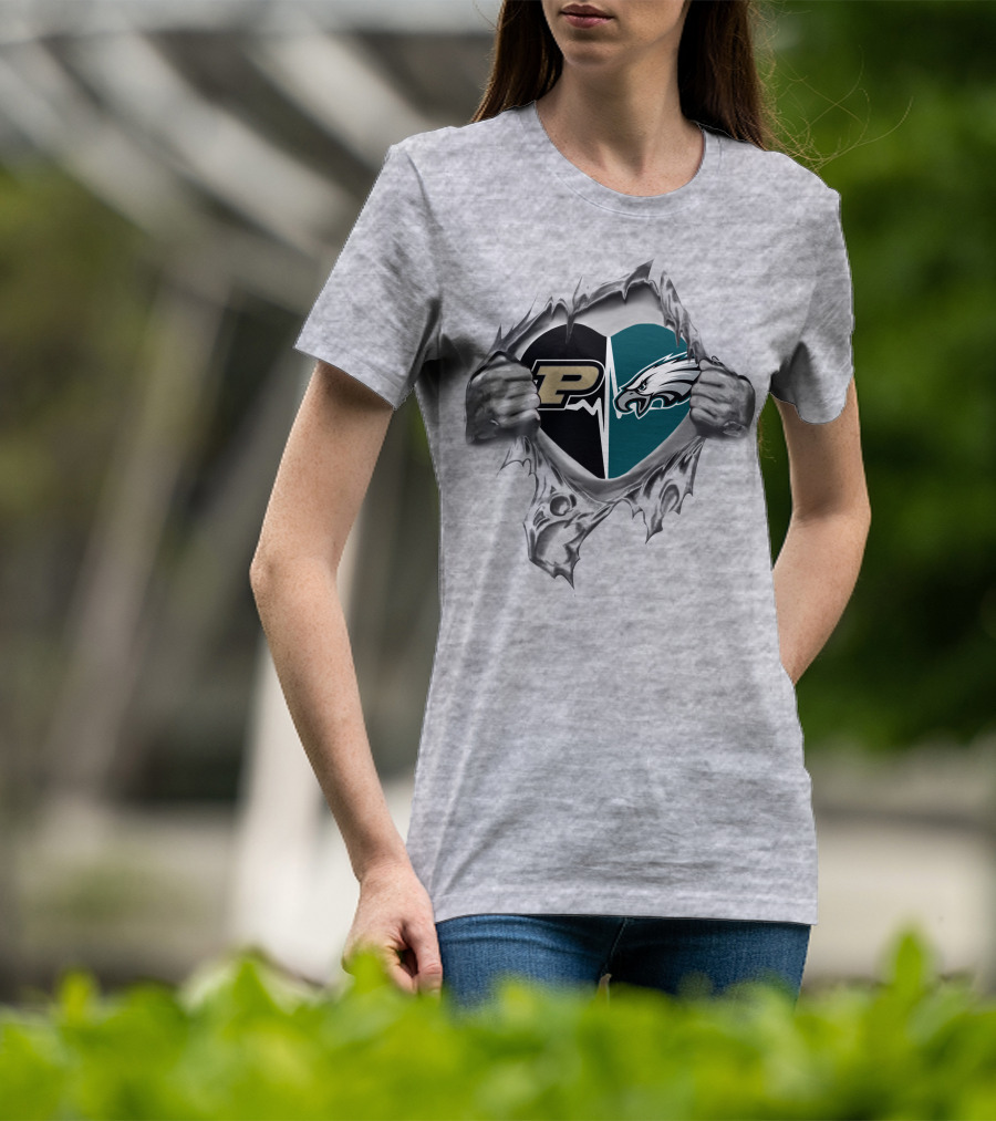Purdue Eagles Heartbeat Peeking Through Silver Hands T-Shirt