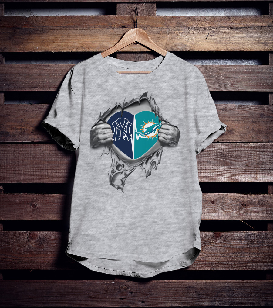 Dolphins Yankees Heart With Peeling Fabric T-Shirt