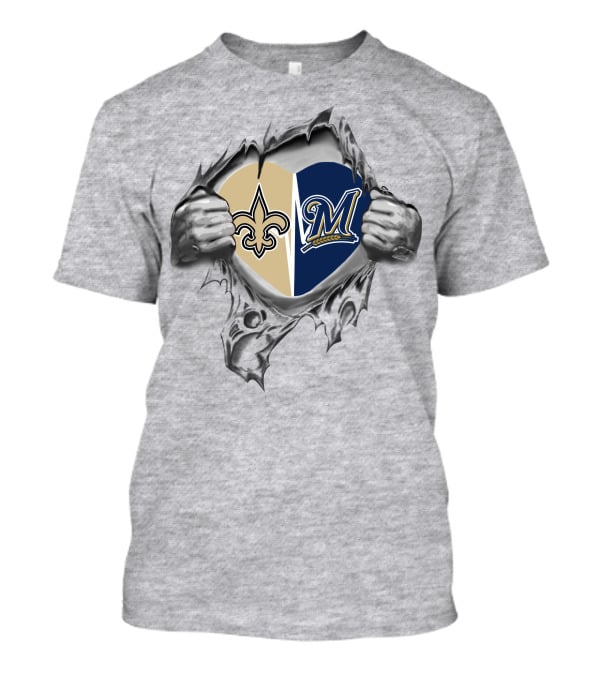 Saints Brewers Heart Symbol Logos Tearing Through Grayscale T-Shirt