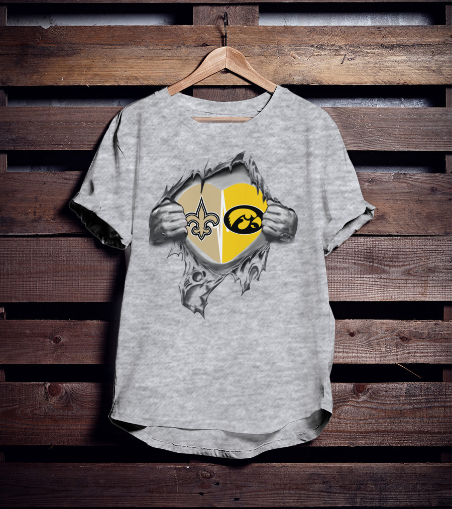 Saints Iowa Heart Split Fleur-de-Lis And Hawkeye T-Shirt