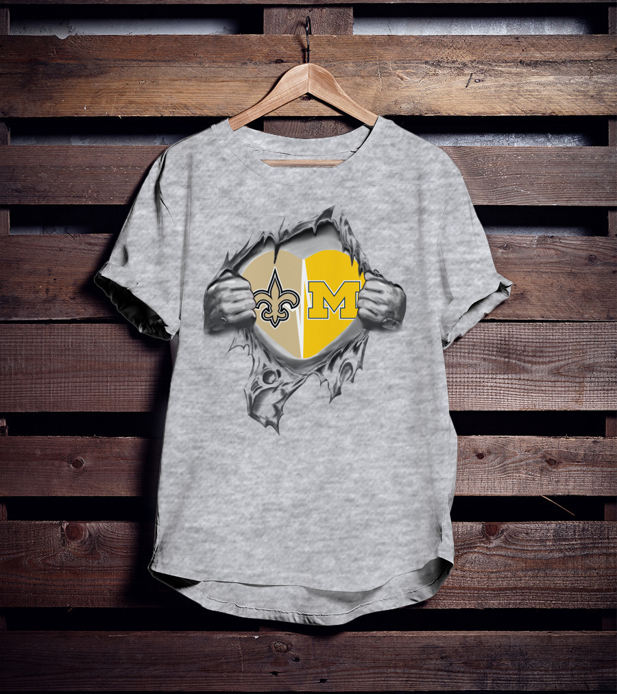 Saints And Michigan Heart Symbol With Fleur-de-lis And Block M T-Shirt
